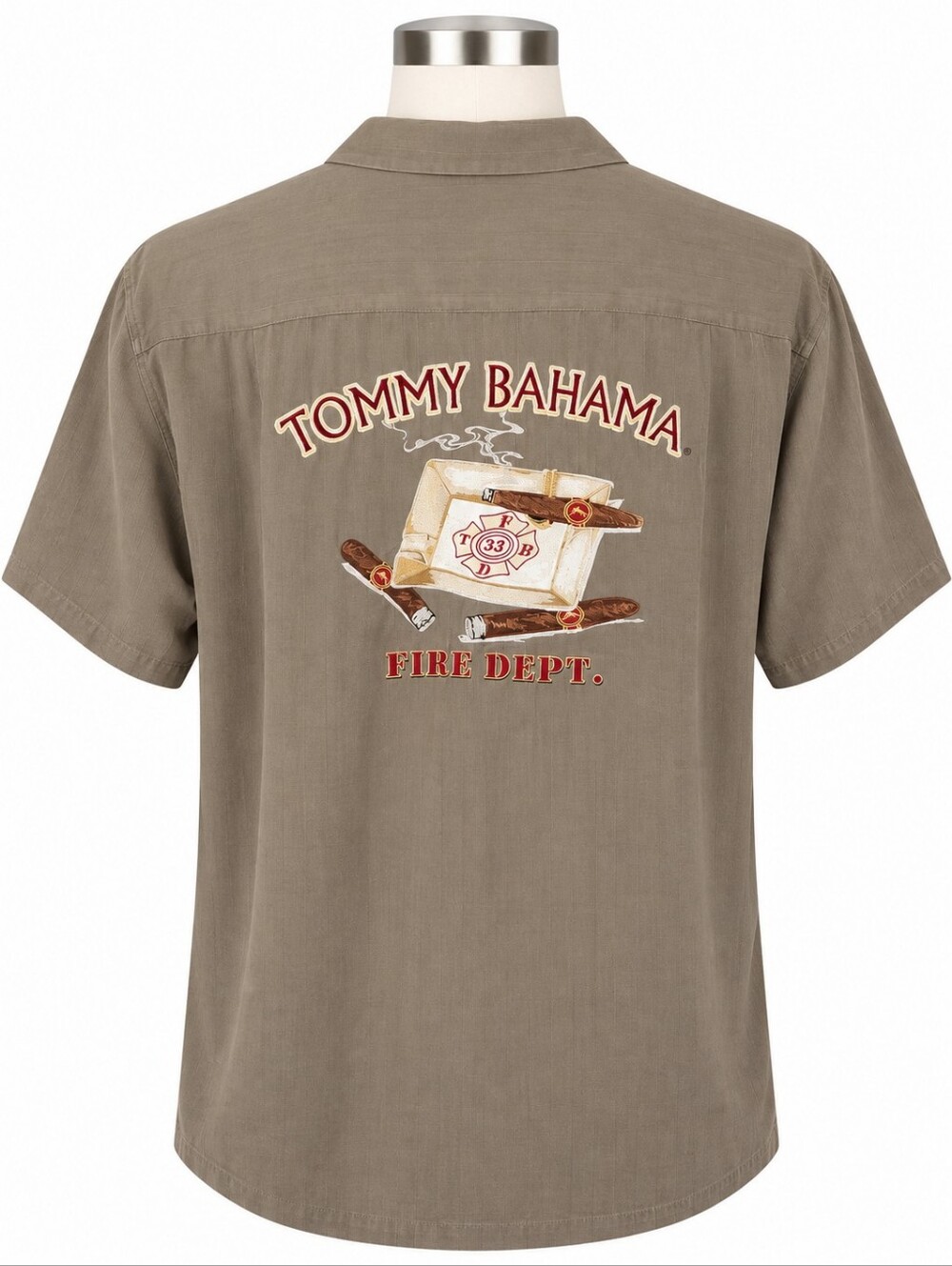 Tommy Bahama Shirt Mens XL Brown Silk Fire Dept Cigar Ashtray Embroidered Camp